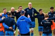 9 April 2021; Players, from left, Rory O'Loughlin, Scott Fardy, Jack Conan, Devin Toner, Luke McGrath and Hugo Keenan listen to head coach Leo Cullen during the Leinster Rugby captain's run at Sandy Park in Exeter, England. Photo by Ramsey Cardy/Sportsfile