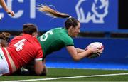 10 April 2021; Eimear Considine of Ireland scores a try during the Women's Six Nations Rugby Championship match between Wales and Ireland at Cardiff Arms Park in Cardiff, Wales. Photo by Ben Evans/Sportsfile