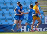 10 April 2021; Jordan Larmour of Leinster, left, celebrates with James Lowe and Luke McGrath after scoring his side's second try during the Heineken Champions Cup Pool Quarter-Final match between Exeter Chiefs and Leinster at Sandy Park in Exeter, England. Photo by Ramsey Cardy/Sportsfile