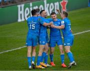 10 April 2021; Leinster players, from left, Hugo Keenan, Rory O'Loughlin, Dave Kearney, Hugh O'Sullivan and Jordan Larmour celebrate a try which is subsequently disallowed during the Heineken Champions Cup Pool Quarter-Final match between Exeter Chiefs and Leinster at Sandy Park in Exeter, England. Photo by Ramsey Cardy/Sportsfile