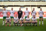 11 April 2021; The Republic of Ireland team, back row, from left, Diane Caldwell, Claire Walsh, goalkeeper Courtney Brosnan, Megan Connolly, Kyra Carusa and Ruesha Littlejohn. Front row, from left, Alli Murphy, Claire O'Riordan, captain Katie McCabe, Denise O'Sullivan and Heather Payne before the women's international friendly match between Belgium and Republic of Ireland at King Baudouin Stadium in Brussels, Belgium. Photo by David Catry/Sportsfile