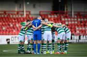 13 April 2021; Shamrock Rovers players huddle before the SSE Airtricity League Premier Division match between Derry City and Shamrock Rovers at the Ryan McBride Brandywell Stadium in Derry. Photo by Stephen McCarthy/Sportsfile