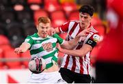 13 April 2021; Rory Gaffney of Shamrock Rovers in action against Eoin Toal of Derry City during the SSE Airtricity League Premier Division match between Derry City and Shamrock Rovers at the Ryan McBride Brandywell Stadium in Derry. Photo by Stephen McCarthy/Sportsfile