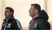 20 April 2021; Dundalk sporting director Jim Magilton and Derry City manager Declan Devine, left, during the SSE Airtricity League Premier Division match between Derry City and Dundalk at the Ryan McBride Brandywell Stadium in Derry. Photo by Stephen McCarthy/Sportsfile