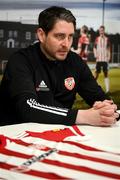 23 April 2021; Newly appointed Derry City manager Ruaidhri Higgins during a media conference at their training facility in Elagh Business Park, Derry. Photo by Stephen McCarthy/Sportsfile