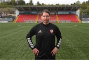 23 April 2021; Newly appointed Derry City manager Ruaidhri Higgins poses for a portrait at the Ryan McBride Brandywell Stadium in Derry after taking his first training session with his team. Photo by Stephen McCarthy/Sportsfile