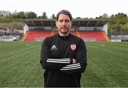 23 April 2021; Newly appointed Derry City manager Ruaidhri Higgins poses for a portrait at the Ryan McBride Brandywell Stadium in Derry after taking his first training session with his team. Photo by Stephen McCarthy/Sportsfile