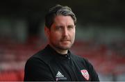 23 April 2021; Newly appointed Derry City manager Ruaidhri Higgins poses for a portrait at the Ryan McBride Brandywell Stadium in Derry after taking his first training session with his team. Photo by Stephen McCarthy/Sportsfile