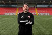 23 April 2021; Newly appointed Derry City manager Ruaidhri Higgins poses for a portrait at the Ryan McBride Brandywell Stadium in Derry after taking his first training session with his team. Photo by Stephen McCarthy/Sportsfile