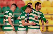 23 April 2021; Dylan Watts, centre, of Shamrock Rovers celebrates after scoring his side's first goal with team-mates during the SSE Airtricity League Premier Division match between Shamrock Rovers and Bohemians at Tallaght Stadium in Dublin. Photo by Eóin Noonan/Sportsfile