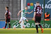 23 April 2021; Dylan Watts of Shamrock Rovers celebrates after scoring his side's first goal during the SSE Airtricity League Premier Division match between Shamrock Rovers and Bohemians at Tallaght Stadium in Dublin. Photo by Stephen McCarthy/Sportsfile