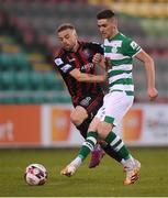 23 April 2021; Dylan Watts of Shamrock Rovers in action against Keith Ward of Bohemians during the SSE Airtricity League Premier Division match between Shamrock Rovers and Bohemians at Tallaght Stadium in Dublin. Photo by Stephen McCarthy/Sportsfile