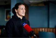 27 April 2021; Katie Taylor is interviewed for Sky Sports during a media day at her hotel in Manchester, England, prior to her lightweight title bout against Natasha Jonas. Photo by Mark Robinson / Matchroom Boxing via Sportsfile