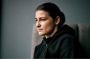 27 April 2021; Katie Taylor sits for a portrait during a media day at her hotel in Manchester, England, prior to her lightweight title bout against Natasha Jonas. Photo by Mark Robinson / Matchroom Boxing via Sportsfile