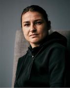 27 April 2021; Katie Taylor sits for a portrait during a media day at her hotel in Manchester, England, prior to her lightweight title bout against Natasha Jonas. Photo by Mark Robinson / Matchroom Boxing via Sportsfile