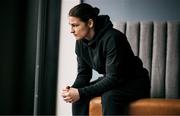 27 April 2021; Katie Taylor sits for a portrait during a media day at her hotel in Manchester, England, prior to her lightweight title bout against Natasha Jonas. Photo by Mark Robinson / Matchroom Boxing via Sportsfile