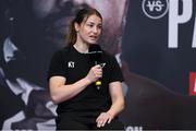 29 April 2021; Katie Taylor during a press conference at the Matchroom Boxing fight hotel in Manchester, England, ahead of her WBC, WBA, IBF and WBO female lightweight title fight against Natasha Jonas on Saturday Night. Photo by Mark Robinson / Matchroom Boxing via Sportsfile