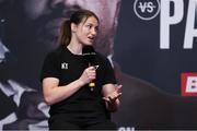 29 April 2021; Katie Taylor during a press conference at the Matchroom Boxing fight hotel in Manchester, England, ahead of her WBC, WBA, IBF and WBO female lightweight title fight against Natasha Jonas on Saturday Night. Photo by Mark Robinson / Matchroom Boxing via Sportsfile