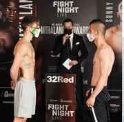 29 April 2021; Michael Conlan, left, and Ionut Balut face-off prior to their super-bantamweight bout at York Hall in London, England. Photo by Queensberry Promotions via Sportsfile