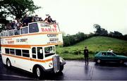 10 June 1985; World boxing featherweight champion Barry McGuigan is brought by open top bus into his home town of Clones in Monaghan on his return after beating Eusebio Pedroza at Loftus Road in London to win the world featherweight title. Photo by Ray McManus/Sportsfile