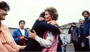 10 June 1985; World boxing featherweight champion Barry McGuigan, accompanied by his wife Sandra, left, is greeted by his mother Katie on his arrival home in Clones, Monaghan, on his return after beating Eusebio Pedroza at Loftus Road in London to win the world featherweight title. Photo by Ray McManus/Sportsfile