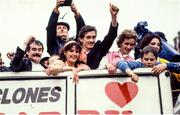 10 June 1985; World boxing featherweight champion Barry McGuigan, accompanied by his wife Sandra and parents Pat and Katie McGuigan, is brought by open top bus into his home town of Clones in Monaghan on his return after beating Eusebio Pedroza at Loftus Road in London to win the world featherweight title. Photo by Ray McManus/Sportsfile