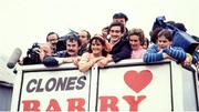 10 June 1985; World boxing featherweight champion Barry McGuigan, accompanied by his wife Sandra and parents Pat and Katie McGuigan, is brought by open top bus into his home town of Clones in Monaghan on his return after beating Eusebio Pedroza at Loftus Road in London to win the world featherweight title. Photo by Ray McManus/Sportsfile