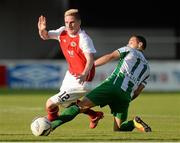 11 July 2013; Ian Bermingham, St Patrick's Athletic, in action against Andro Svrljuga, VMFD Žalgiris. UEFA Europa League, First Qualifying Round, Second Leg, St Patrick's Athletic v VMFD Žalgiris, Richmond Park, Dublin. Picture credit: Matt Browne / SPORTSFILE