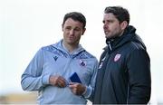 7 May 2021; Longford Town manager Daire Doyle, left, and Derry City manager Ruaidhri Higgins in conversation before the SSE Airtricity League Premier Division match between Derry City and Longford Town at Ryan McBride Brandywell Stadium in Derry. Photo by Sam Barnes/Sportsfile