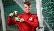 12 May 2021; Chris Forrester of St Patrick's Athletic poses with the SSE Airtricity / SWI Player of the Month Award for April at their training facility, Ballyoulster United Football Club, in Kildare. Photo by Stephen McCarthy/Sportsfile