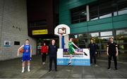 20 May 2021; Irish U18 international Maria Kealy, centre, and LYIT player Luke Cassidy, left, at the announcement of LYIT as a Basketball Ireland Centre of Excellence, along with, from left,  Helen Kennedy, LYIT Sports Centre Manager, Rory McMorrow, LYIT Student Student Services Manager, Niall McDermott, Basketball Ireland North West Development Officer and Michael Murphy, LYIT Head of Sport in Letterkenny, Donegal. Photo by David Fitzgerald/Sportsfile