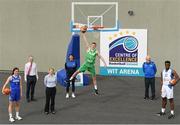 20 May 2021; Jay Kavanagh, centre, former Ireland U18 international & Waterford Vikings player, with, from left, Kate Hickey, former Ireland U18 international and Waterford Wildcats player, Michael Harrison, Head of Department of Sport and Exercise Science, WIT, Donna Drohan, Facilities and Events Manager, WIT Arena, Jillian Hayes, WIT Waterford Wildcats head coach, Michael Evans, Chairman WIT Waterford Wildcats and WIT Basketball Club and Osi Oshiogwemoh, former Ireland U16 international and Waterford Vikings National League player, at the Basketball Ireland Centre of Excellence announcement at Waterford IT in Waterford. Photo by Matt Browne/Sportsfile