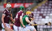 16 May 2021; Séamus Flanagan of Limerick in action against Galway players, from left, Gearóid McInerney, Jack Fitzpatrick, and Padraic Mannion during the Allianz Hurling League Division 1 Group A Round 2 match between Galway and Limerick at Pearse Stadium in Galway. Photo by Piaras Ó Mídheach/Sportsfile