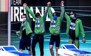 19 May 2021; The Ireland team of Gerry Quinn, Finn McGeever, Jordan Sloan and Jack McMilan before the final of the men's 4 x 200m freestyle event during day 10 of the LEN European Aquatics Championships at the Duna Arena in Budapest, Hungary. Photo by Marcel ter Bals/Sportsfile