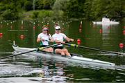 21 May 2021; Aileen Crowley, left, and Monika Dukarska of Ireland compete in their heat of the Women's Pair during day one of the FISA World Cup Rowing II at Lake Gottersee in Lucerne, Switzerland. Photo by Roberto Bregani/Sportsfile