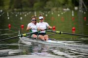 21 May 2021; Monika Dukarska, right, and Aileen Crowley of Ireland compete in their heat of the Women's Pair during day one of the FISA World Cup Rowing II at Lake Gottersee in Lucerne, Switzerland. Photo by Roberto Bregani/Sportsfile