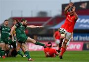 14 May 2021; Jack Carty of Connacht kicks clear despite the blockdown attempt by Jean Kleyn of Munster during the Guinness PRO14 Rainbow Cup match between Munster and Connacht at Thomond Park in Limerick. Photo by Brendan Moran/Sportsfile