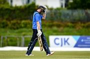 22 May 2021; Lorkan Tucker of Leinster Lighting walks after being caught out by Seamus Lynch of Munster Reds during the Cricket Ireland InterProvincial Cup 2021 match between Munster Reds and Leinster Lightning at Pembroke Cricket Club in Dublin. Photo by Harry Murphy/Sportsfile
