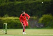 22 May 2021; Amish Sidhu of Munster Reds bowls during the Cricket Ireland InterProvincial Cup 2021 match between Munster Reds and Leinster Lightning at Pembroke Cricket Club in Dublin. Photo by Harry Murphy/Sportsfile