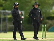 22 May 2021; Umpires Azim Ali Baig, left, and Mark Hawthorne during the Cricket Ireland InterProvincial Cup 2021 match between Munster Reds and Leinster Lightning at Pembroke Cricket Club in Dublin. Photo by Harry Murphy/Sportsfile