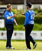 22 May 2021; Barry McCarthy of Leinster Lighting celebrates with team-mate Andy Balbirnie after bowling out Greg Ford of Munster Reds during the Cricket Ireland InterProvincial Cup 2021 match between Munster Reds and Leinster Lightning at Pembroke Cricket Club in Dublin. Photo by Harry Murphy/Sportsfile