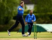 22 May 2021; Barry McCarthy of Leinster Lighting celebrates bowling out Greg Ford of Munster Reds during the Cricket Ireland InterProvincial Cup 2021 match between Munster Reds and Leinster Lightning at Pembroke Cricket Club in Dublin. Photo by Harry Murphy/Sportsfile