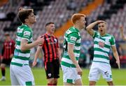 29 May 2021; Rory Gaffney of Shamrock Rovers, centre, reacts after seeing his goal ruled out for a handball, as team-mates Sean Gannon, left, and Graham Burke react to the decision, during the SSE Airtricity League Premier Division match between Longford Town and Shamrock Rovers at Bishopsgate in Longford. Photo by Seb Daly/Sportsfile
