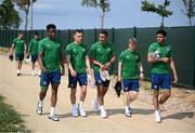31 May 2021; Players, from left, Chiedozie Ogbene, Lee O'Connor, Adam Idah, Daryl Horgan and Andrew Omobamidele arrive for a Republic of Ireland training session at PGA Catalunya Resort in Girona, Spain. Photo by Stephen McCarthy/Sportsfile