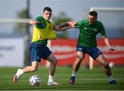 31 May 2021; Jason Knight is tackled by Troy Parrott during a Republic of Ireland training session at PGA Catalunya Resort in Girona, Spain. Photo by Stephen McCarthy/Sportsfile