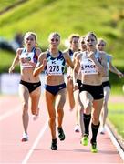 29 May 2021; Alexandra Bell of Pudsey and Bramley AC, England, centre, on her way to winning, the Women's 800m A event, ahead of Georgie Hartigan of Dundrum South Dublin AC, left, and paced by Sinead Denny of Dundrum South Dublin AC, right, during the Belfast Irish Milers' Meeting at Mary Peters Track in Belfast. Photo by Sam Barnes/Sportsfile