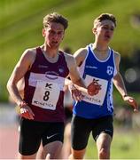 29 May 2021; Cormac Dalton of Mullingar Harriers, Westmeath, left, and Seán Donoghue of Celtic DCH AC, Dublin, competing in the Men's 1500m A event during the Belfast Irish Milers' Meeting at Mary Peters Track in Belfast. Photo by Sam Barnes/Sportsfile