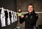 3 June 2021; Eleanor Ryan-Doyle of Peamount United with her SSE Airtricity Women’s National League Player of the Month award for May at FAI Headquarters in Abbotstown, Dublin. Photo by David Fitzgerald/Sportsfile