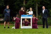 11 June 2021; Minister of State for Sport and the Gaeltacht Jack Chambers TD with 6th class pupils from his former school St. Brigid's National School, from left, Nero Arubayi, Phoebe Duncan, Aveen McDonnell, Jarlath O'Farrell and Sibbhant Raipal, and CEO Athletics Ireland Hamish Adams at the Daily Mile launch at St. Brigid's National School, Beechpark Lawn, Castleknock in Dublin. Photo by Matt Browne/Sportsfile