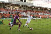 11 June 2021; Jordan Payne of Cabinteely shoots to score his side's second goal during the SSE Airtricity League First Division match between Cork City and Cabinteely at Turners Cross in Cork. Photo by Michael P Ryan/Sportsfile